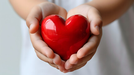 children's hands holding a red heart. symbol of love, human support to patient, promoting medical insurance, early checkup for healthcare, peaceful. Close up of object.