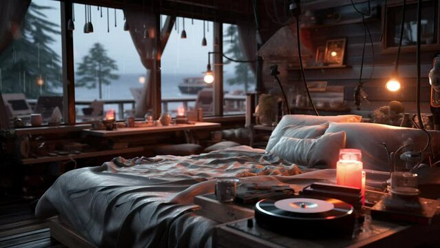 Soothing Vinyl and Rain Duo: Cozy Bedroom Overlooks Drenched Beach. High-Quality 4K Animated Backgrounds.