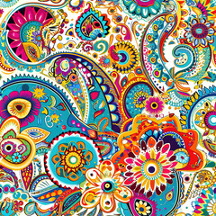 Paisley ornament colorful repeat pattern, vibrant ethnic decorative ornate 
