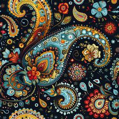 Paisley ornament colorful repeat pattern, vibrant ethnic decorative ornate 