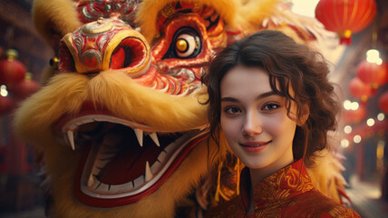 A russian tourist girl at a Chinese New Year celebration in a Chinese temple is photographed with a traditional Chinese dragon " barong sai". Festive Chinese entertainment, Asia new year, 2024