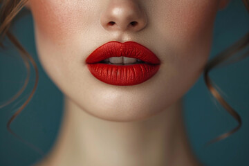 Obraz premium lip, female mouth. Lips with lipstick. Woman's lips close up isolated on sky background.