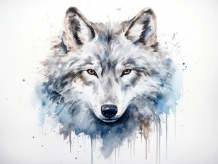 Painting of a Wolfs Face in the Forest. Watercolor illustration.