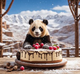 Cute panda bear with chocolate cake on wooden table in snowfall