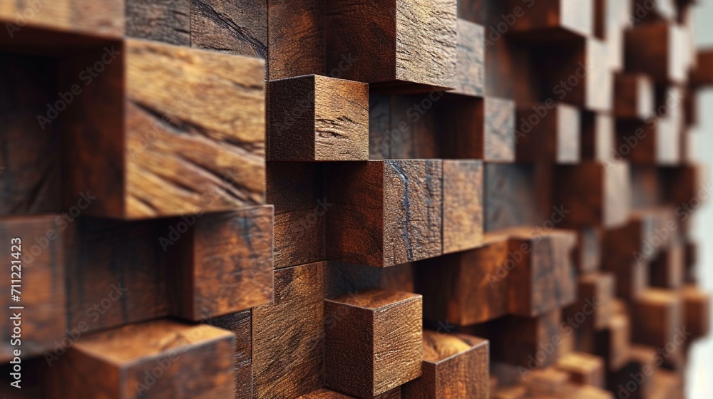 Aufkleber a wall adorned with wooden 3d cubes, each with a distinct carved pattern, adding an artistic touch t