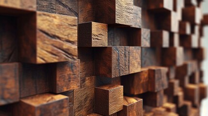 A wall adorned with wooden 3D cubes, each with a distinct carved pattern, adding an artistic touch to the arrangement.