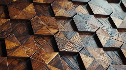 A wall texture featuring a mix of matte and glossy wooden tiles, forming an intricate geometric pattern.