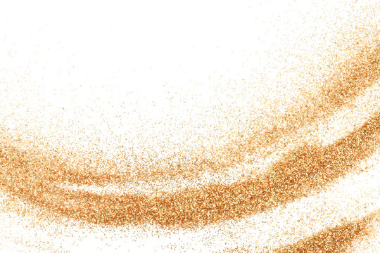 Gold and bronze glitter color confetti dots wave on white. Abstract glow shiny background.