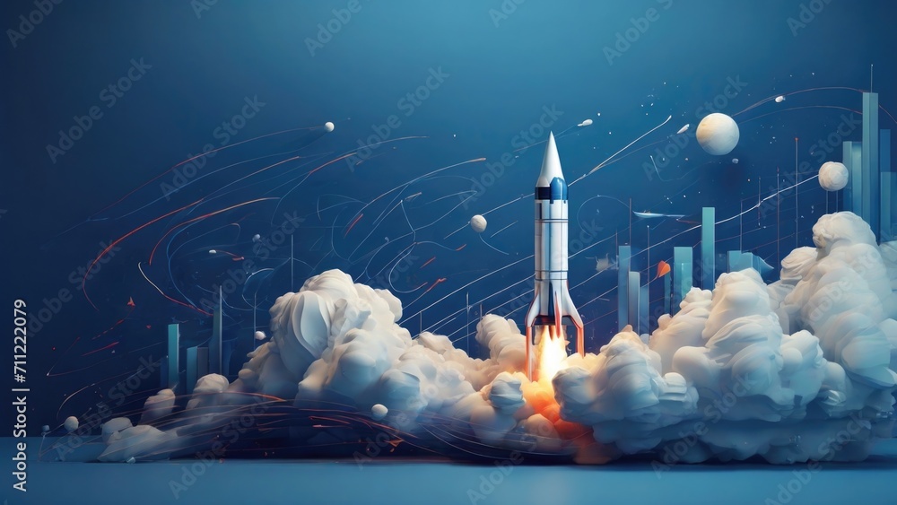 Poster a sleek blue background with an abstract chart and a rocket launch, portraying the boundless potenti