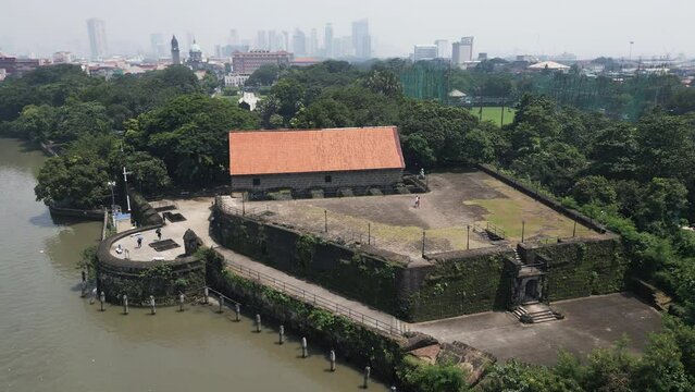 Drone footage of the Baluarte de Santa Barbara bastion, a historic landmark situated on the bank of  Pasig river in Metro Manila, Philippines. 