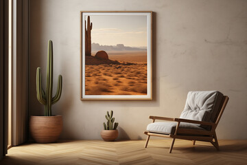 mockup, blank frame and chair in a room with cactus, in the style of large-scale canvas, wood, light gray and brown, orient-inspired, living materials,