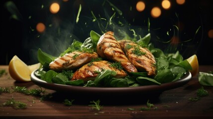 Tender strips of grilled chicken are layered upon the spinach leaves, bringing a savory and proteinpacked component to the dish. - obrazy, fototapety, plakaty
