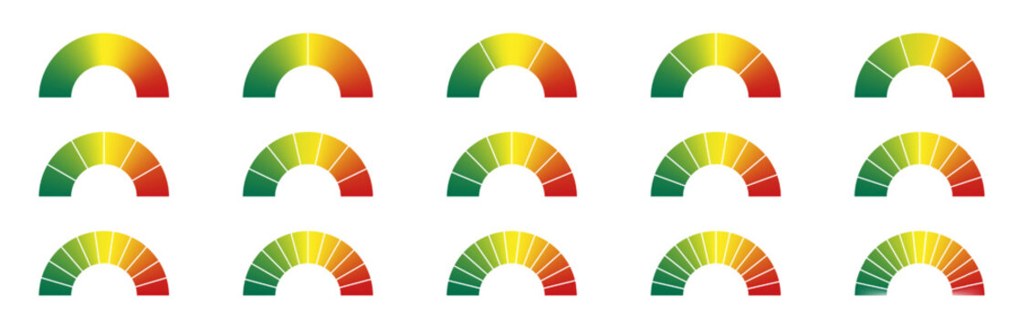 Energy efficiency score rating gauge. Red, yellow and green chart sections indicating credit risk or greed and fear level. Semi circle scale of speed or temperature.