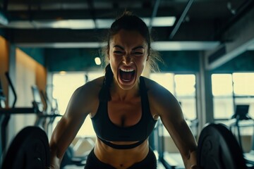 uplifting and motivational scene capturing the joy and dedication of a happy and fit woman in the gym, radiating positivity, healthy lifestyle. - obrazy, fototapety, plakaty