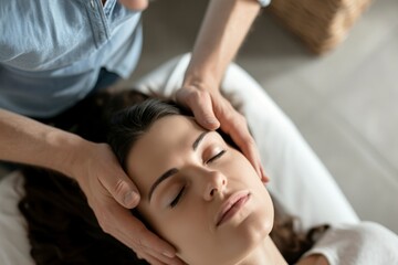 physiotherapist or chiropractor conducting cranial sacral therapy on a woman patient, therapeutic process.