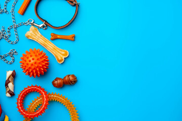 Treats and toys for dogs on blue background close up