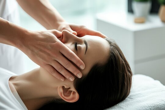 physiotherapist or chiropractor conducting cranial sacral therapy on a woman patient, therapeutic process.
