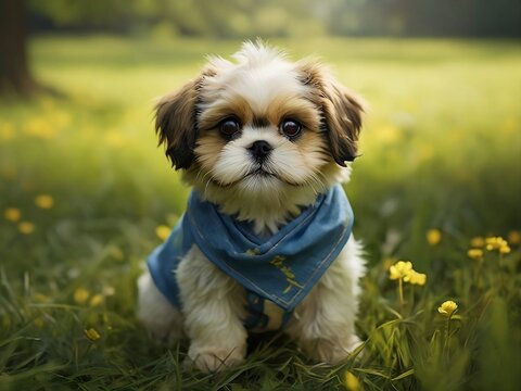 A beautiful puppy standing proudly on a lush green grass field,special for pet lovers.