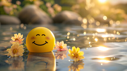 3d smiling emoticon or Smiley yellow ball emoji floating on the water, with beautiful flowers and nature Background. calmness, world mental health day concept. empty space for text, copy space.