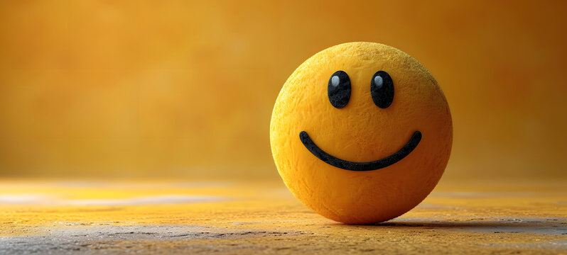 Naklejki 3d smiling emoticon or Smiley yellow ball emoji on yellow background. mental health assessment , world mental health day concept. empty space for text, copy space.