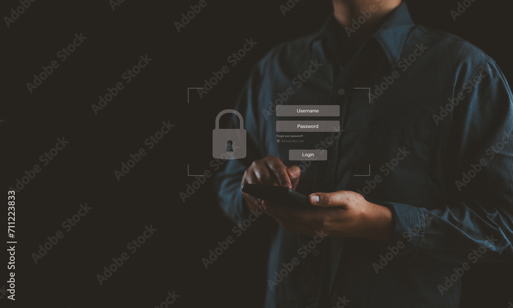 Poster Cybersecurity concept, user privacy security and encryption, secure internet access Future technology and cybernetics, screen padlock, personal data security, Global network security technology.