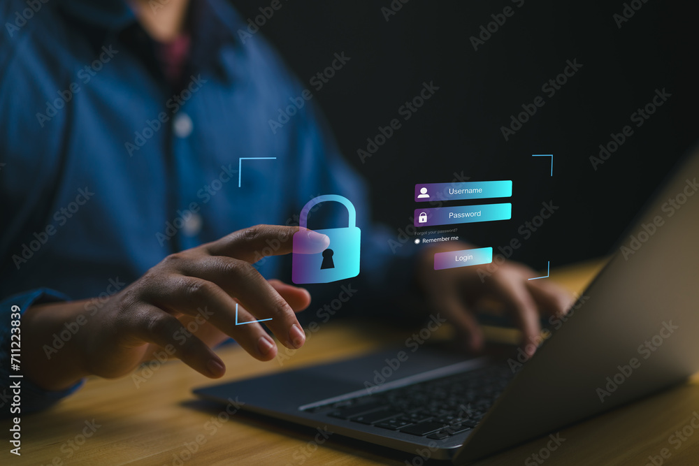 Poster Cybersecurity concept, user privacy security and encryption, secure internet access Future technology and cybernetics, screen padlock, personal data security, Global network security technology.