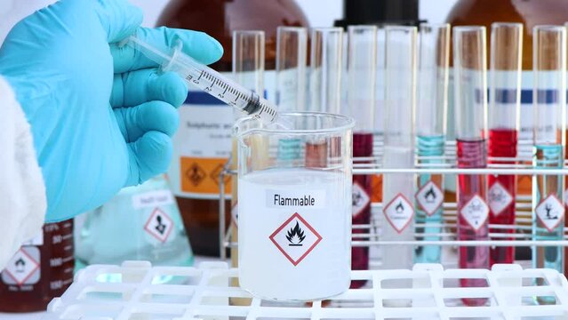 Flammable Symbols of chemicals in glass, chemicals in the laboratory or industry