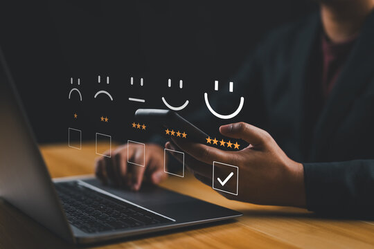 Customer Satisfaction Survey Concept, Users Rate Service Experiences On Online Application, Customers Can Evaluate Quality Of Service Leading To Business Reputation Rating.