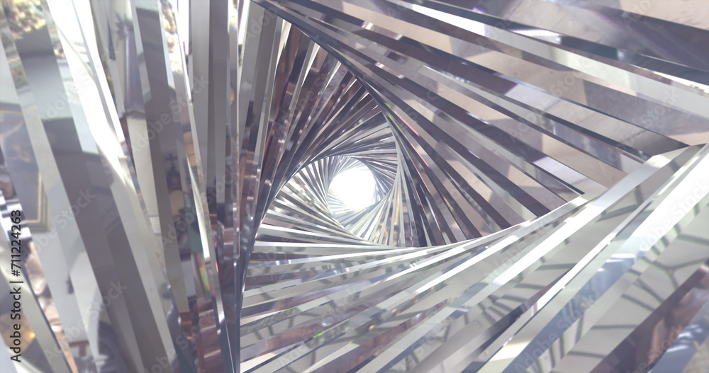Poster abstract metallic shiny silver chrome polyhedral tunnel frame made of lines of hexagonal edges, mech