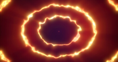 Abstract background looped circles a tunnel of flying yellow fire rings of energy plasma with a glow effect shiny festive bright beautiful futuristic hi-tech