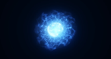 Abstract glowing blue futuristic energy dust with waves of magical energy particles on a dark blue background
