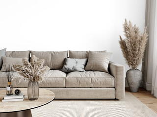 Free PNG wallpaper mockup in living room interior with sofa, isolated on transparent background, 3d render, 3D illustration
