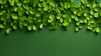 Green Moringa oleifera leaves or daun kelor/kelor leaf pattern on green background with copy space., Top view.