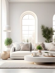 Cozy white living room interior, home mockup, 3d render