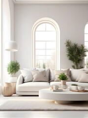 Fototapeta premium Cozy white living room interior, home mockup, 3d render
