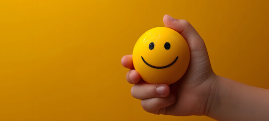 Hands holding 3d smiling emoticon or Smiley yellow ball emoji on yellow background. mental health assessment , world mental health day concept. empty space for text, copy space, 