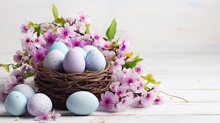 Fototapeta na wymiar Easter basket with eggs and spring flowers on a white wooden background, a nest with painted eggs. Festive background, greeting card.happy Easter. Easter background with space to copy.