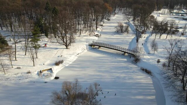 Aerial Drone View Of Bytom City Centre And Park In Winter.