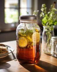 A rustic glass jar filled with homemade sugary iced tea showcases the lovingly brewed infusion, capturing the essence of homely comfort in every sip.