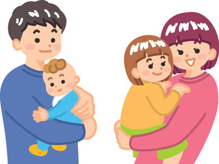 赤ちゃんを抱く父親　女の子を抱く母親　イラスト素材