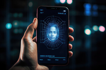 Fototapeta premium Innovative facial recognition for authentication and security, a mobile technology advancement ensuring data protection and privacy.
