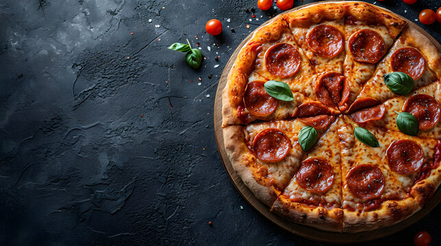 Collection of slices and fresh round pizza, cooking ingredients tomatoes basil. isolated on textured dark background. With copy space for text. Mock Up. Flat lay. top view.