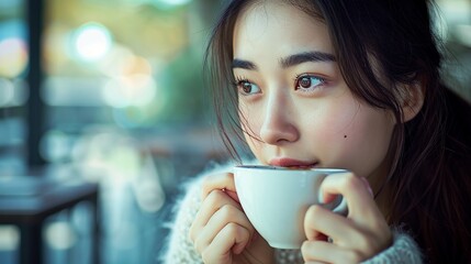Enjoy a cozy holiday morning with a happy Asian woman relaxing, sipping hot coffee or tea on an armchair at home. Generative Ai