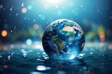 Obraz na płótnie Canvas earth in water with bright blue bokeh background, World Water Day banner concept