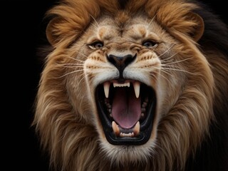 A roaring lion on plain black background from Generative AI