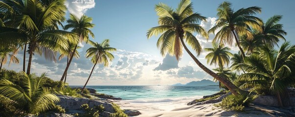 Discover a serene, natural beach with coconut trees and azure seas, perfect for a peaceful summer escape. Generative Ai