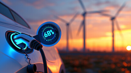 Electric Car Charging with Wind Turbines at Sunset - obrazy, fototapety, plakaty