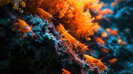 Naklejka na ściany i meble A group of shrimp with bioluminescent bodies scurry around a patch of neon orange coral creating a neon extravaganza in the depths of the sea