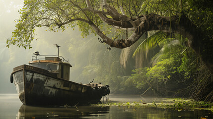 old abandoned river boat on the lake deep in the jungle - obrazy, fototapety, plakaty