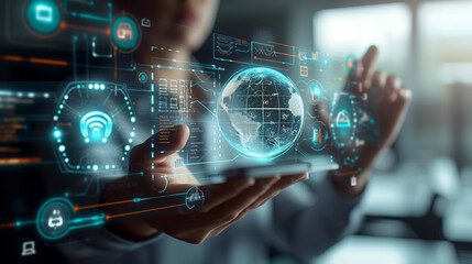 Futuristic Interface with Holographic Globe and Data Analytics